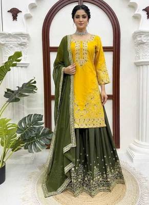 Yellow thread & sequins embroidered crepe kurti with palazzo & dupatta 1