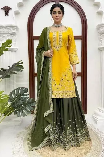 Yellow thread & sequins embroidered crepe kurti with palazzo & dupatta