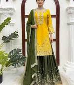 Yellow thread & sequins embroidered crepe kurti with palazzo & dupatta