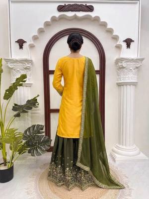 Yellow thread & sequins embroidered crepe kurti with palazzo & dupatta 2
