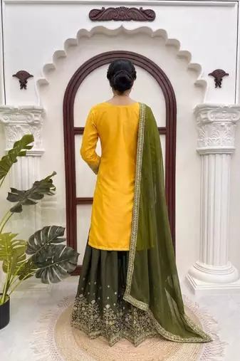 Yellow thread & sequins embroidered crepe kurti with palazzo & dupatta