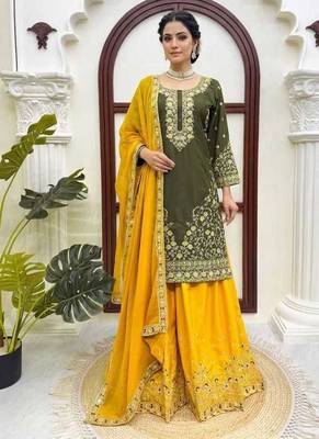 Olive green thread & sequins embroidered crepe kurti with palazzo & dupatta 1
