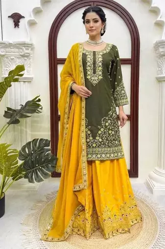Olive green thread & sequins embroidered crepe kurti with palazzo & dupatta