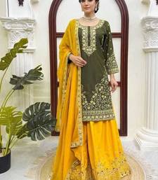 Olive green thread & sequins embroidered crepe kurti with palazzo & dupatta