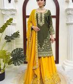 Olive green thread & sequins embroidered crepe kurti with palazzo & dupatta