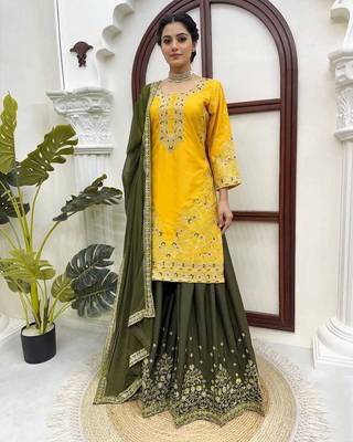 Yellow thread & sequins embroidered crepe kurti with palazzo & dupatta 3