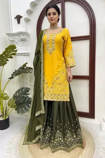 Yellow thread & sequins embroidered crepe kurti with palazzo & dupatta