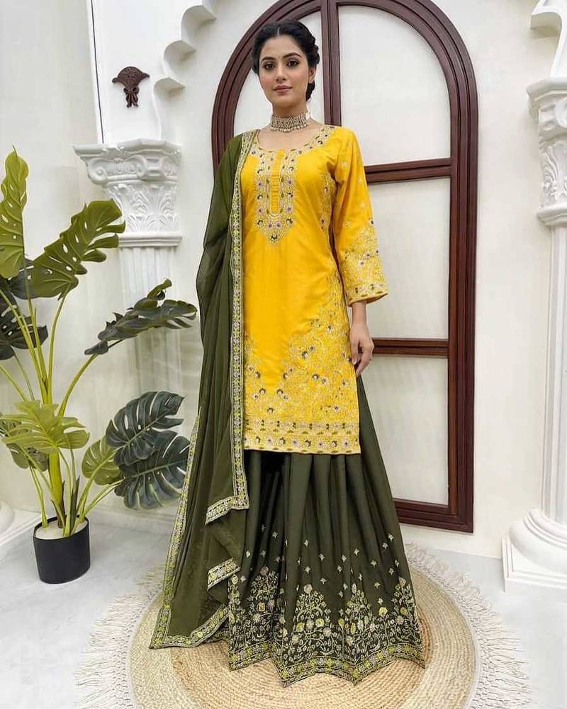 Yellow thread & sequins embroidered crepe kurti with palazzo & dupatta