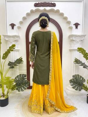 Olive green thread & sequins embroidered crepe kurti with palazzo & dupatta 2