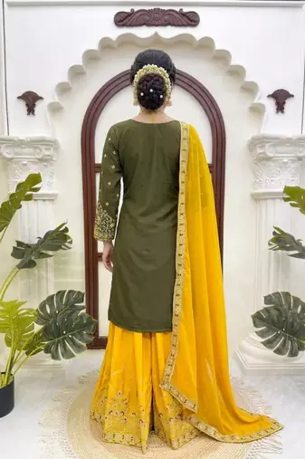 Olive green thread & sequins embroidered crepe kurti with palazzo & dupatta