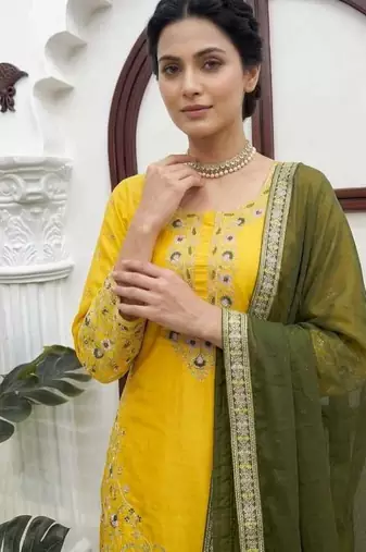 Yellow thread & sequins embroidered crepe kurti with palazzo & dupatta
