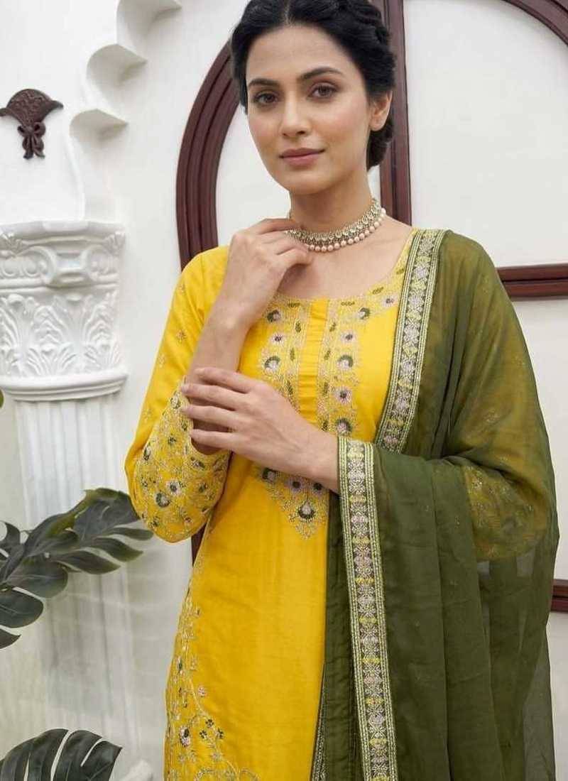 Yellow thread & sequins embroidered crepe kurti with palazzo & dupatta