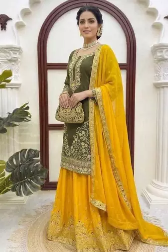 Olive green thread & sequins embroidered crepe kurti with palazzo & dupatta