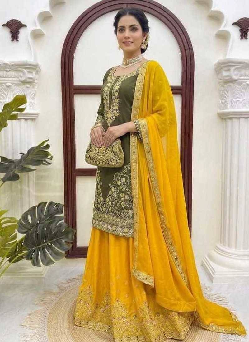 Olive green thread & sequins embroidered crepe kurti with palazzo & dupatta