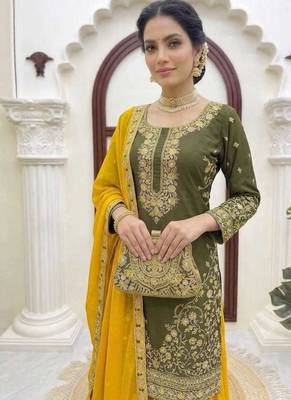 Olive green thread & sequins embroidered crepe kurti with palazzo & dupatta 4