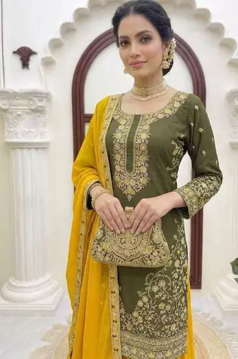 Olive green thread & sequins embroidered crepe kurti with palazzo & dupatta