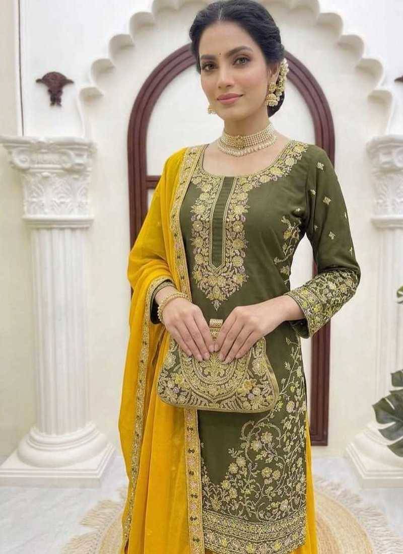 Olive green thread & sequins embroidered crepe kurti with palazzo & dupatta