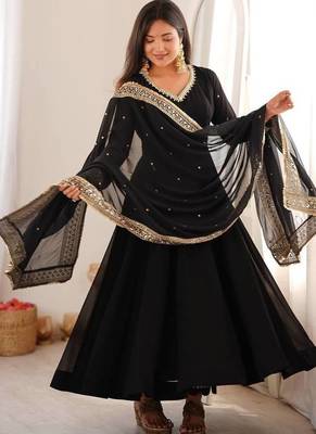 Black sequins embroidered georgette anarkali with pant & dupatta 1