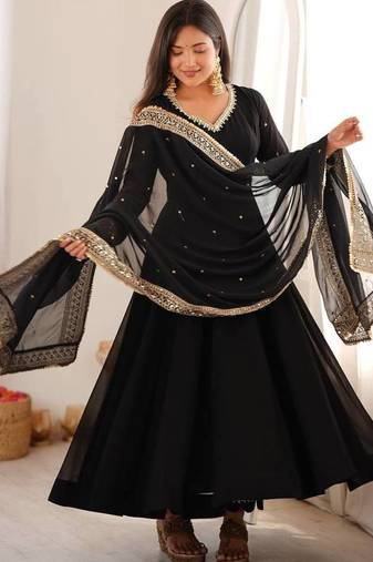 Black sequins embroidered georgette anarkali with pant & dupatta