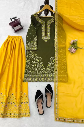 Olive green thread & sequins embroidered crepe kurti with palazzo & dupatta