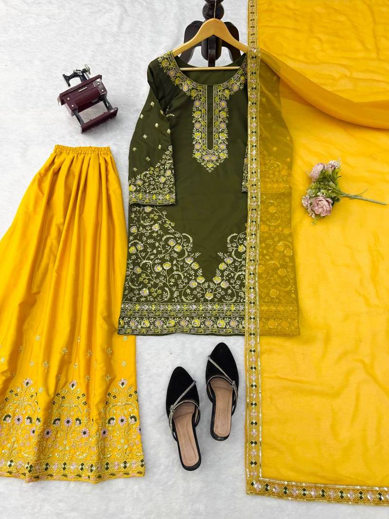Olive green thread & sequins embroidered crepe kurti with palazzo & dupatta