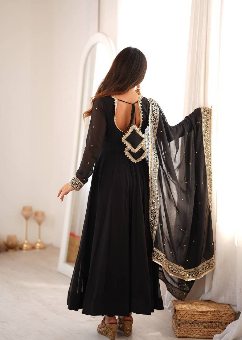 Black sequins embroidered georgette anarkali with pant & dupatta