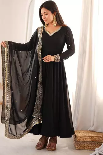 Black sequins embroidered georgette anarkali with pant & dupatta
