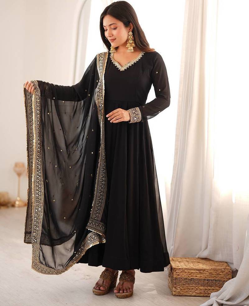 Black sequins embroidered georgette anarkali with pant & dupatta
