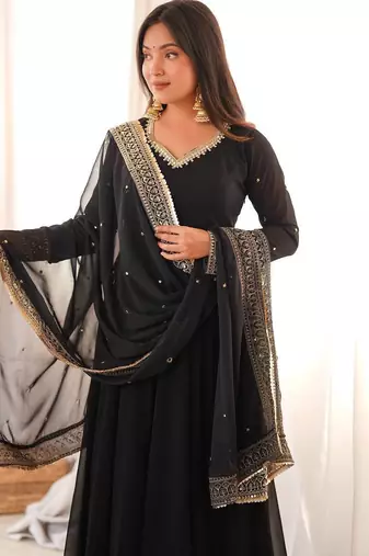 Black sequins embroidered georgette anarkali with pant & dupatta