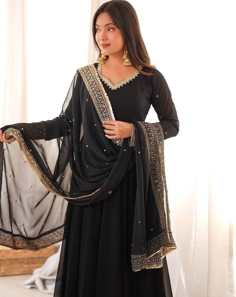 Black sequins embroidered georgette anarkali with pant & dupatta