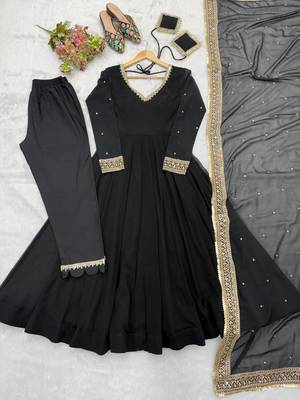 Black sequins embroidered georgette anarkali with pant & dupatta 5