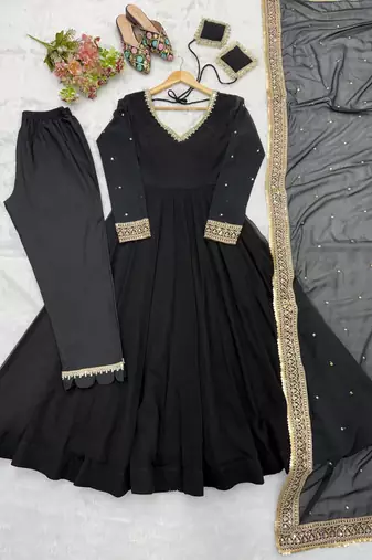 Black sequins embroidered georgette anarkali with pant & dupatta