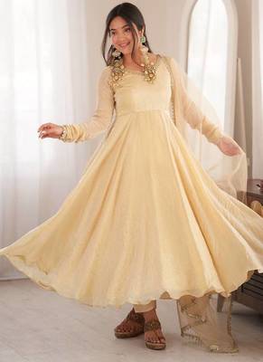 Beige mirror work lace border crush silk anarkali set 1