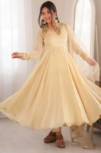 Beige mirror work lace border crush silk anarkali set
