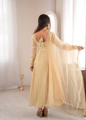 Beige mirror work lace border crush silk anarkali set 2