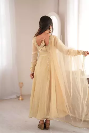 Beige mirror work lace border crush silk anarkali set