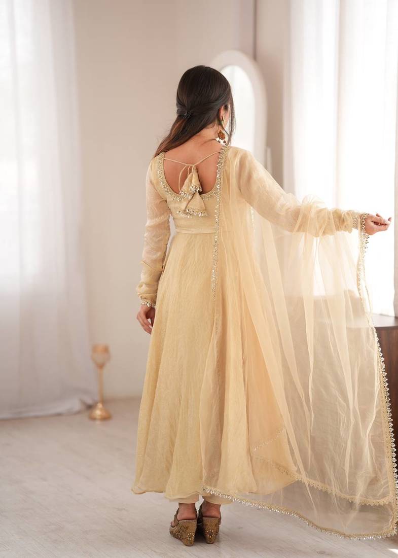 Beige mirror work lace border crush silk anarkali set