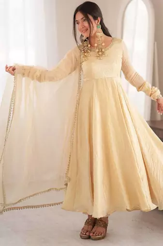 Beige mirror work lace border crush silk anarkali set
