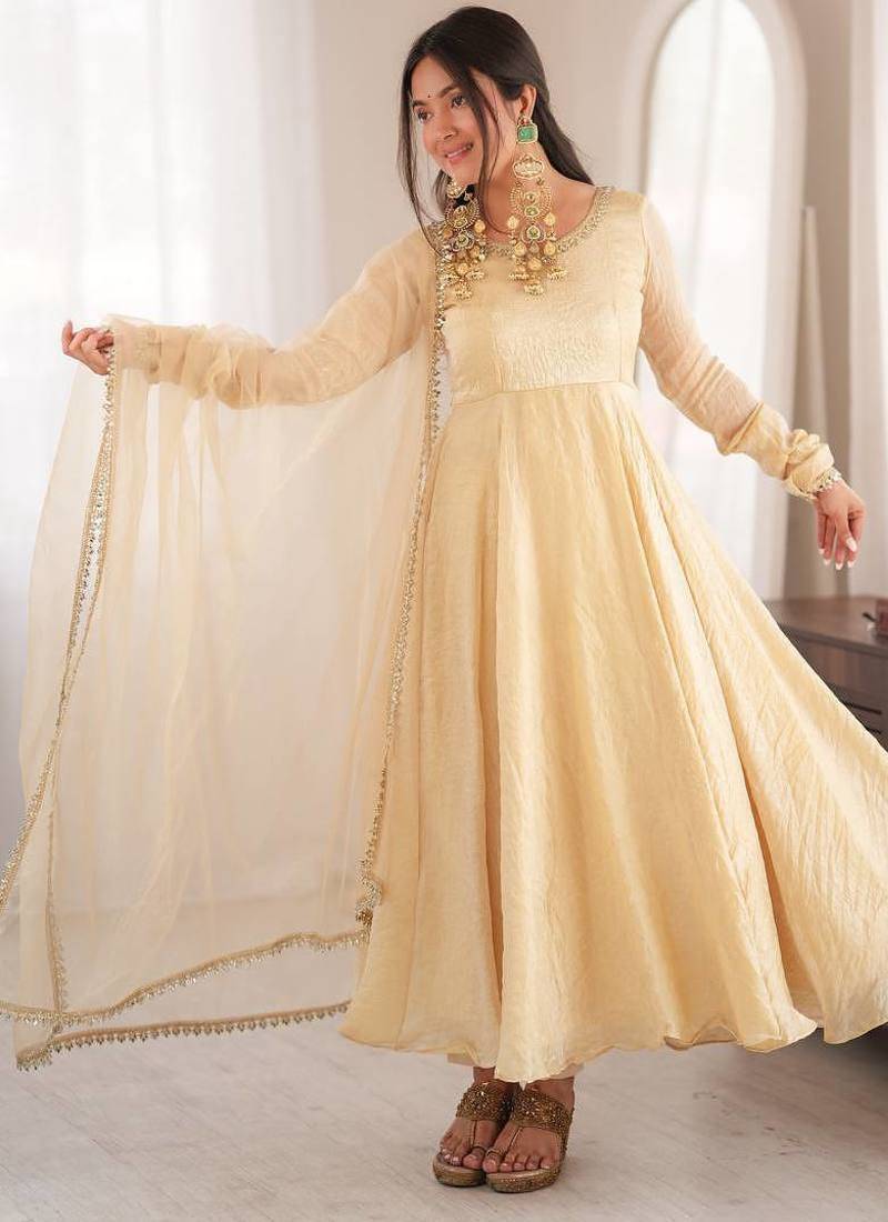 Beige mirror work lace border crush silk anarkali set