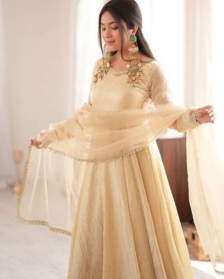 Beige mirror work lace border crush silk anarkali set 4