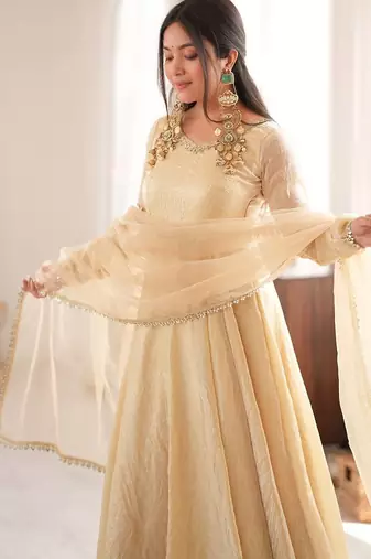 Beige mirror work lace border crush silk anarkali set