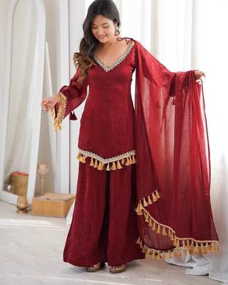 Red mirror work lace border crush silk kurta palazzo set 1