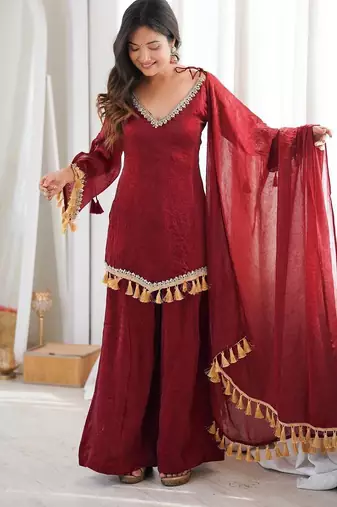 Red mirror work lace border crush silk kurta palazzo set