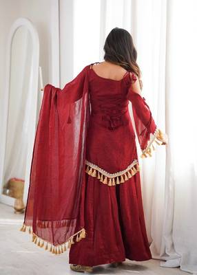 Red mirror work lace border crush silk kurta palazzo set 2
