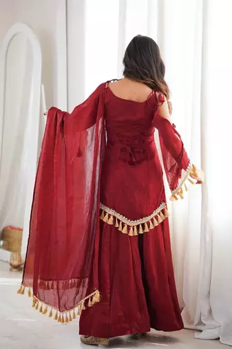 Red mirror work lace border crush silk kurta palazzo set