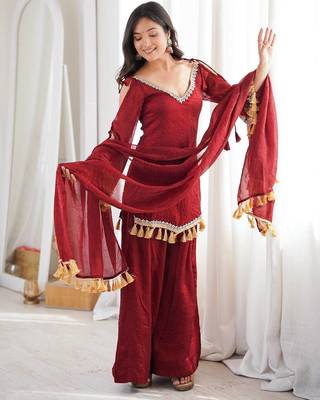 Red mirror work lace border crush silk kurta palazzo set 3