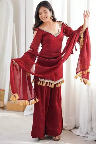 Red mirror work lace border crush silk kurta palazzo set