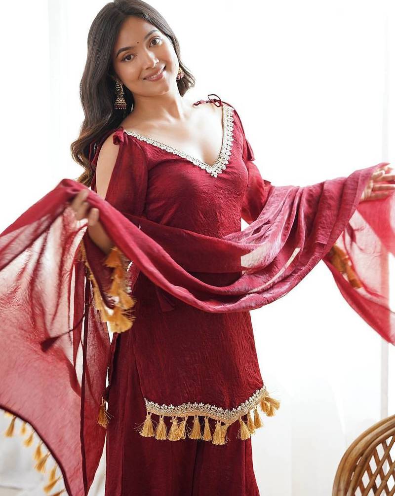 Red mirror work lace border crush silk kurta palazzo set