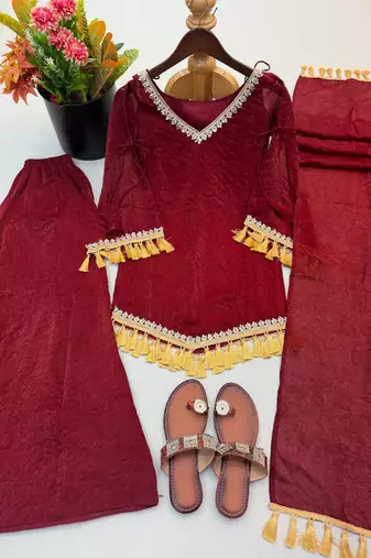 Red mirror work lace border crush silk kurta palazzo set