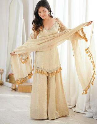 Beige mirror work lace border crush silk kurta palazzo set 1